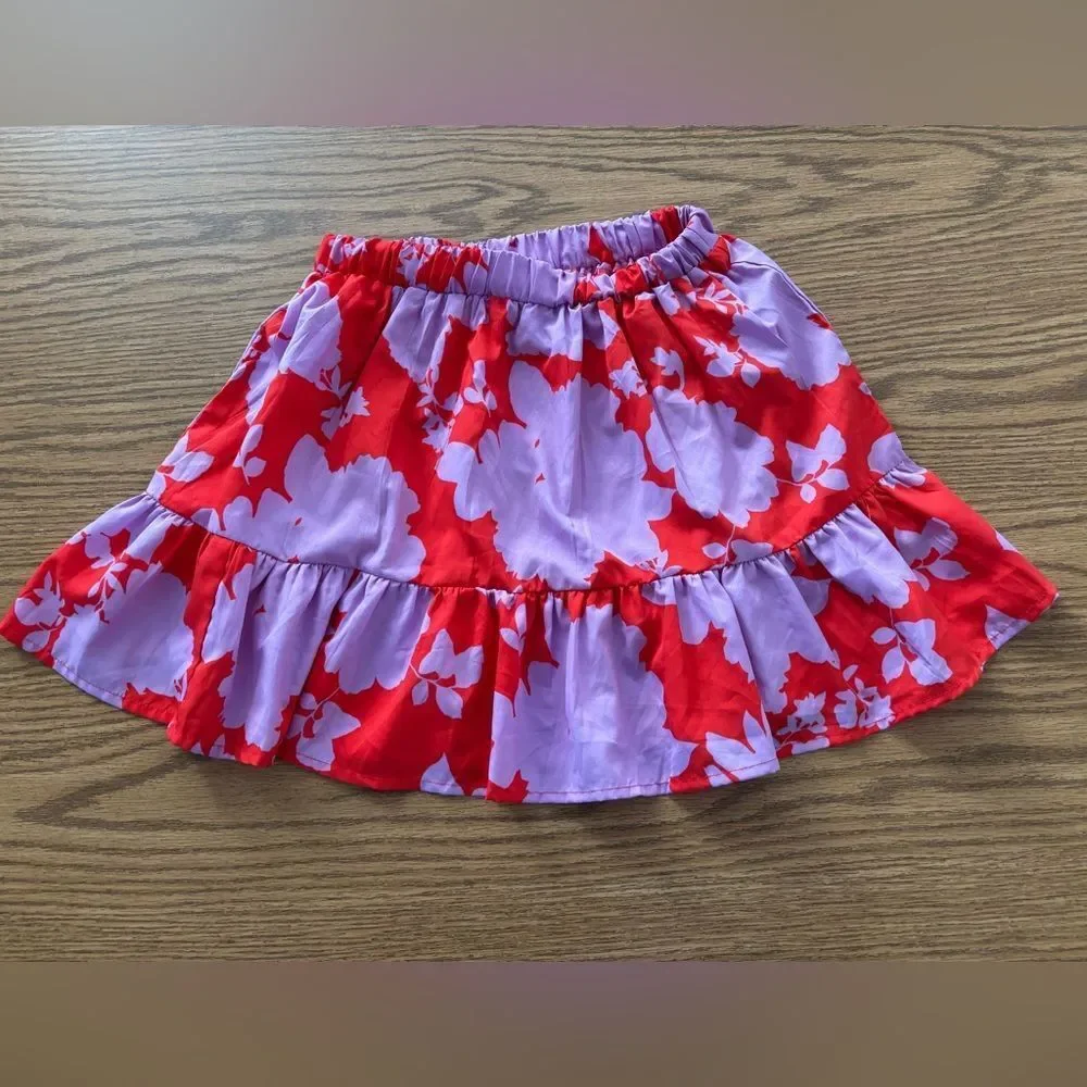 Boohoo Red and Lavender Floral Skirt NWT
